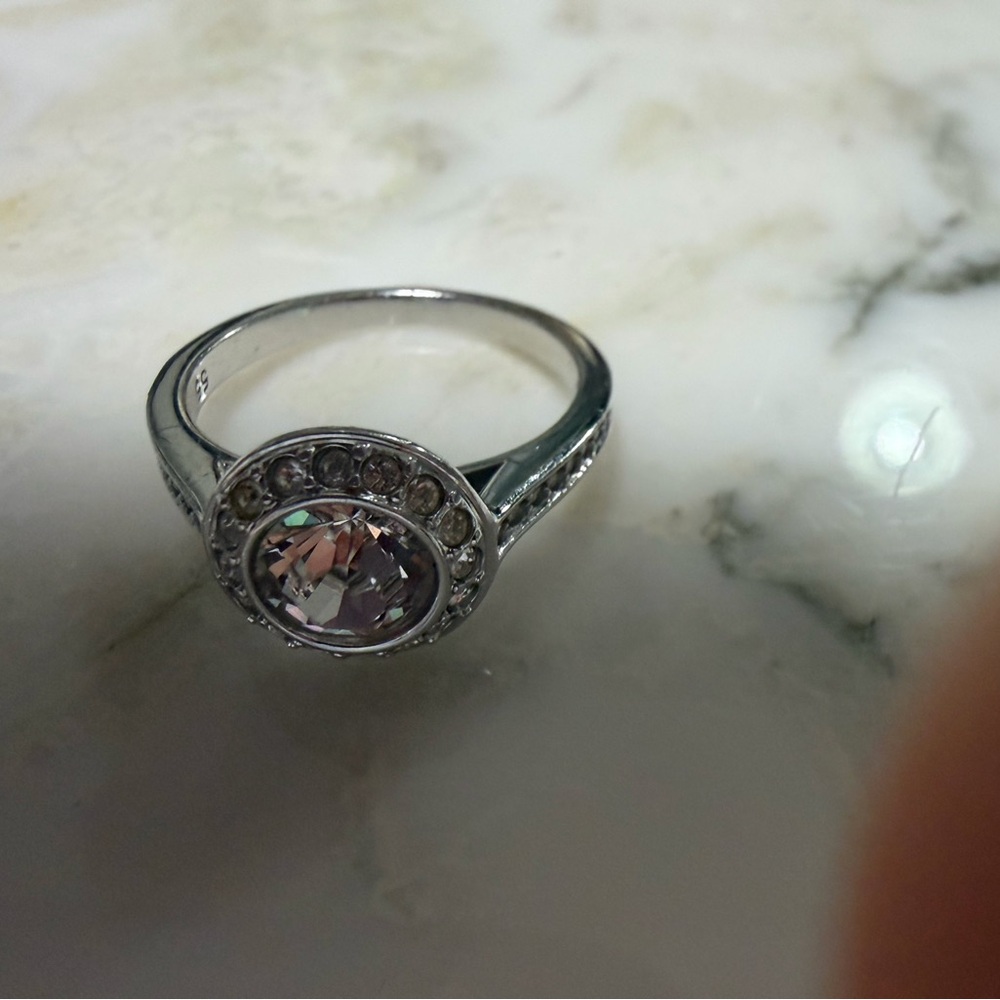 Swarovski Silver Ring with Light Pink Center and Clear Halo, size 55